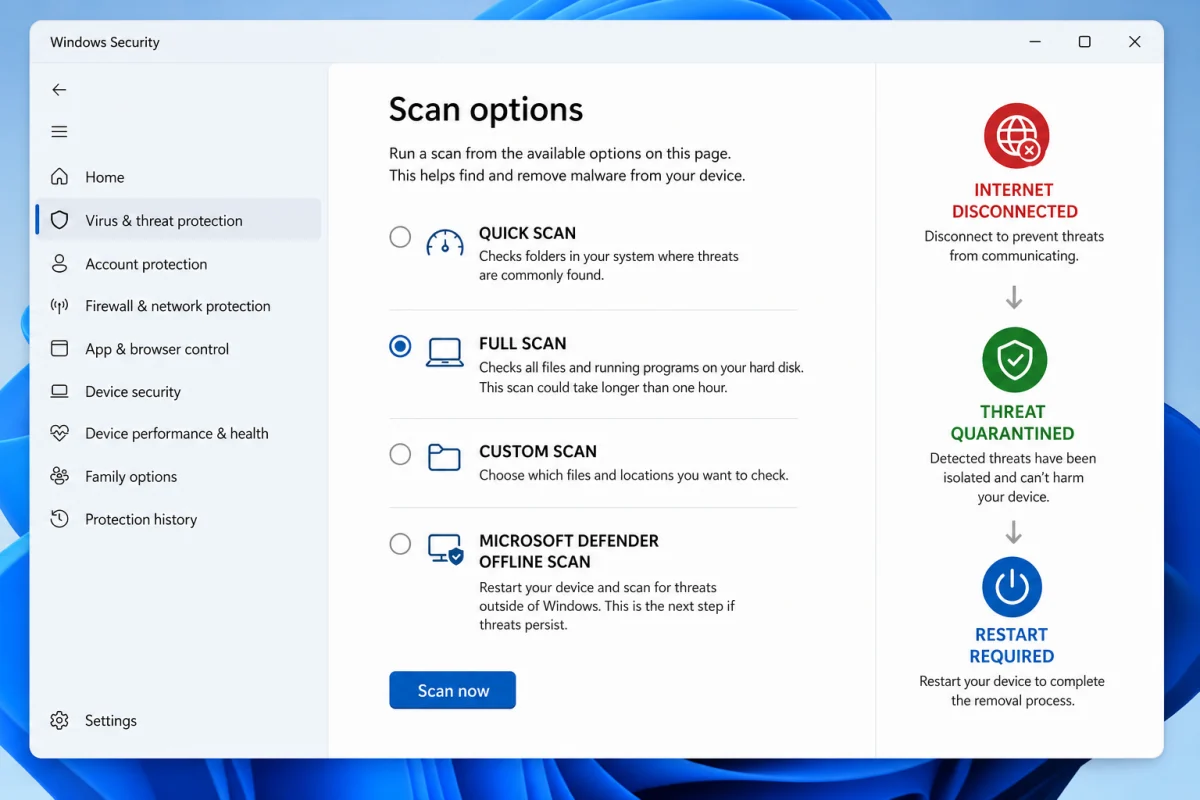 Windows 11 Security scan options with Full scan, Defender Offline scan and malware containment steps