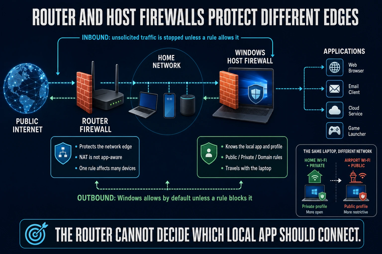 Network diagram separating a router firewall from the Windows host firewall, application traffic and public versus private profiles