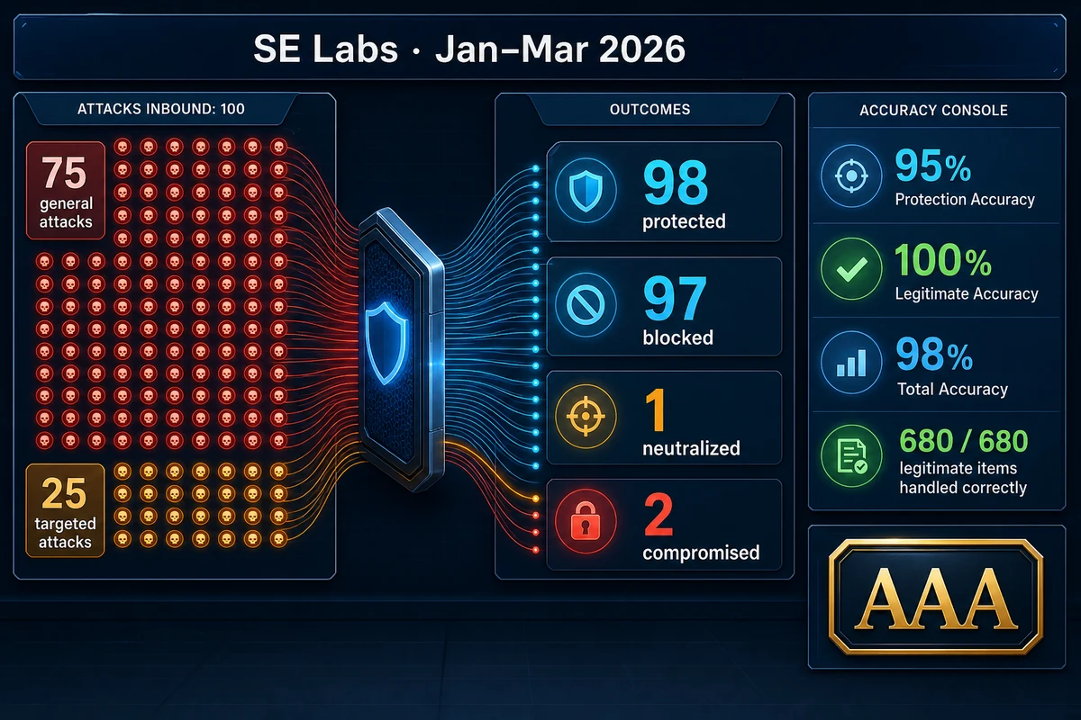 Scanguard SE Labs January to March 2026 results with 98 attacks protected, two compromised and 98 percent Total Accuracy