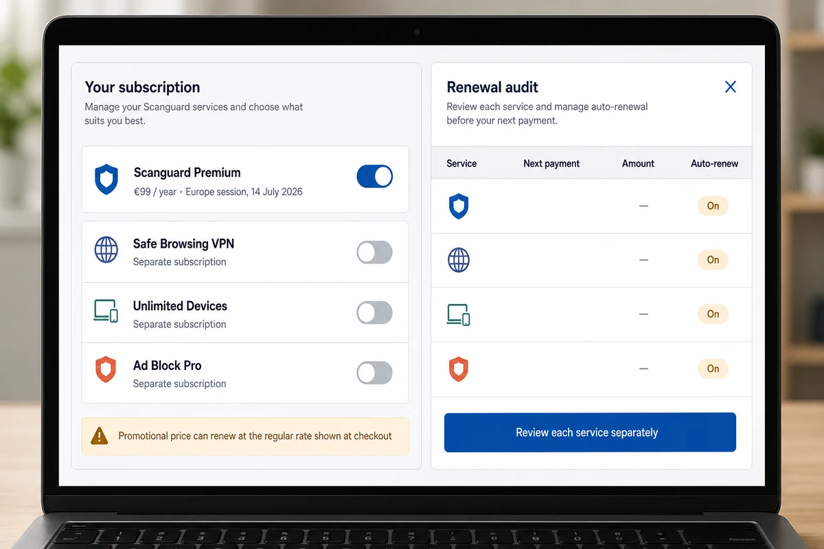 Scanguard subscription portal with antivirus, VPN, unlimited devices and ad blocking managed as separate renewals