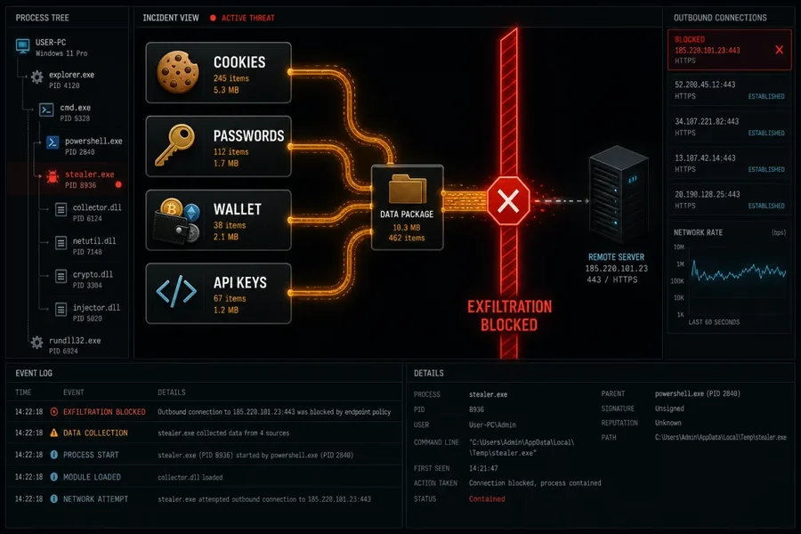 Endpoint forensics console blocking infostealer exfiltration of cookies, passwords, wallet data and API keys