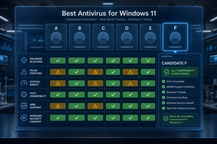 Windows 11 antivirus evaluation matrix comparing six candidates across protection, impact and compatibility gates