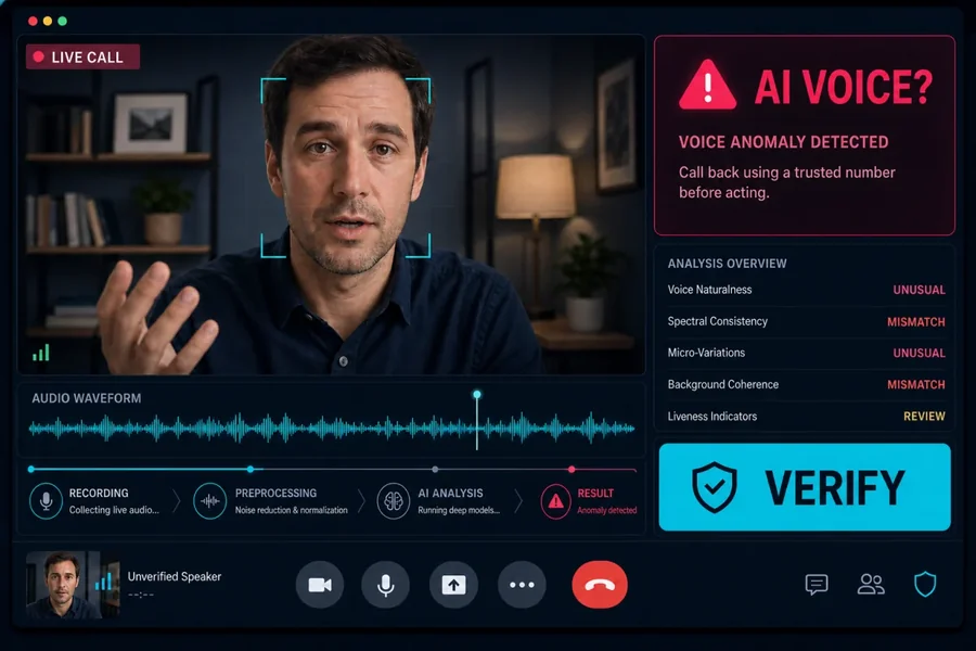 Live-call authenticity console flagging a voice anomaly and prompting verification through a trusted number