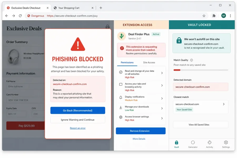 Browser checkout blocked for phishing beside extension-permission and password-vault security panels