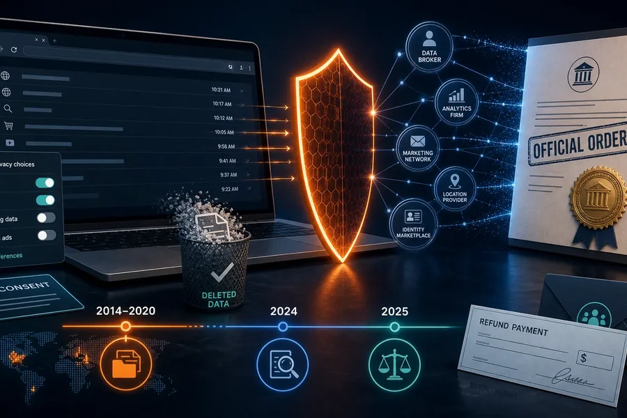Avast Jumpshot privacy timeline showing 2014–2020 data sales, the 2024 FTC order and 2025 consumer refunds