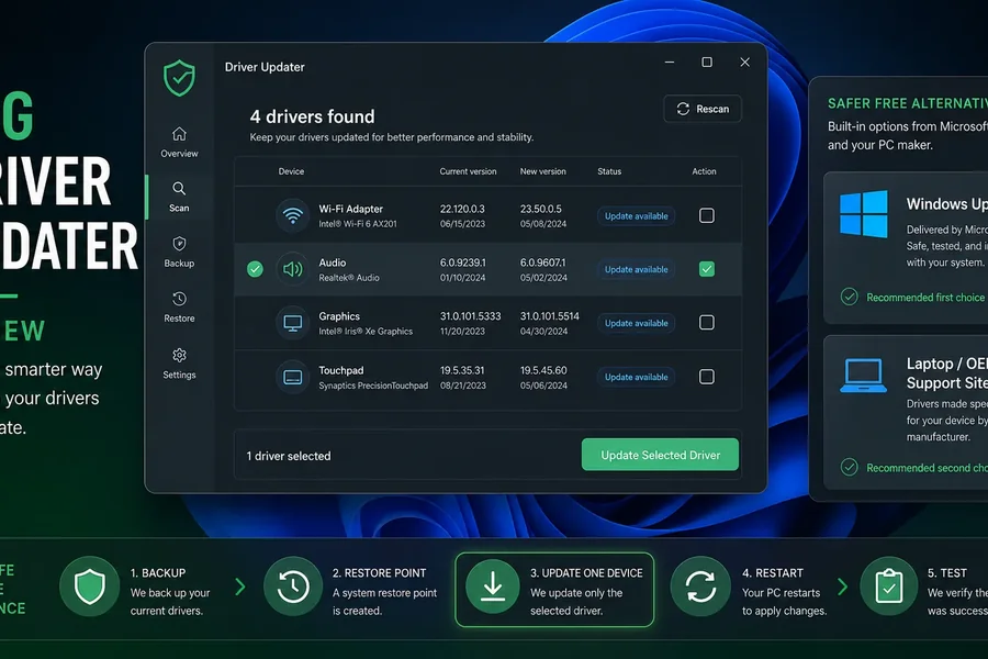 AVG Driver Updater review dashboard with one selected driver, backup and restore steps, plus Windows Update and PC maker alternatives