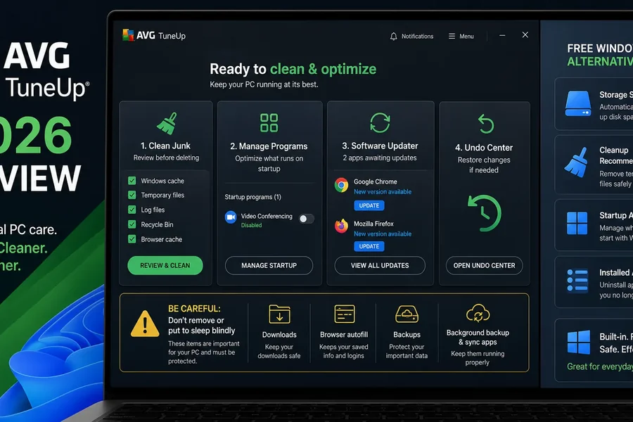 AVG TuneUp review dashboard with junk cleanup, app management, software updates, Undo Center and free Windows alternatives