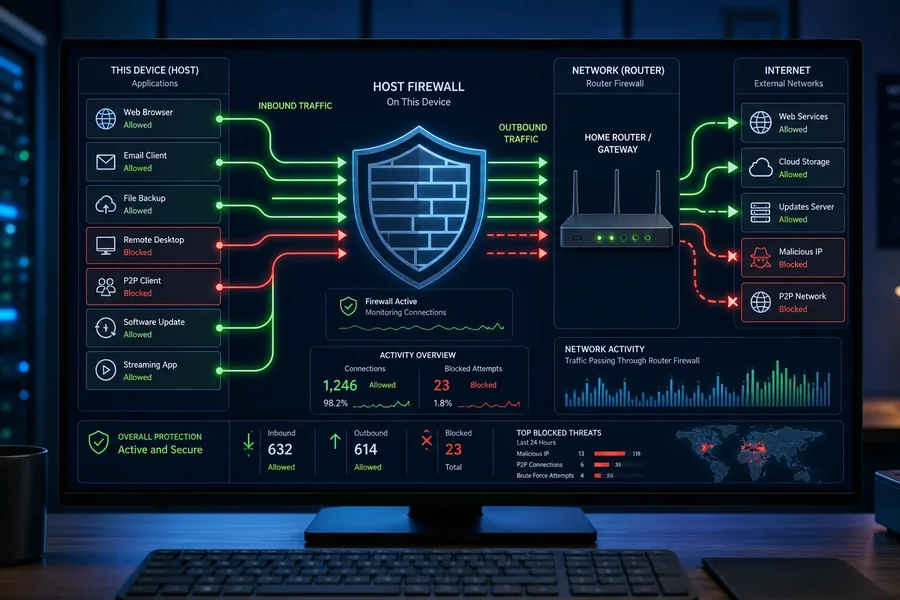 Windows host firewall filtering inbound and outbound app traffic before a home router