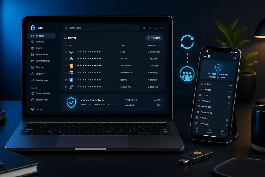 Password manager comparison with encrypted vaults, passkeys, family sharing and a hardware security key