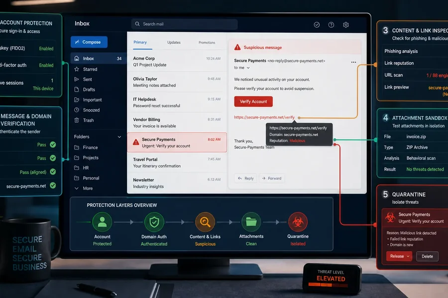 Email security layers checking account access, domain authentication, links, attachments and quarantine