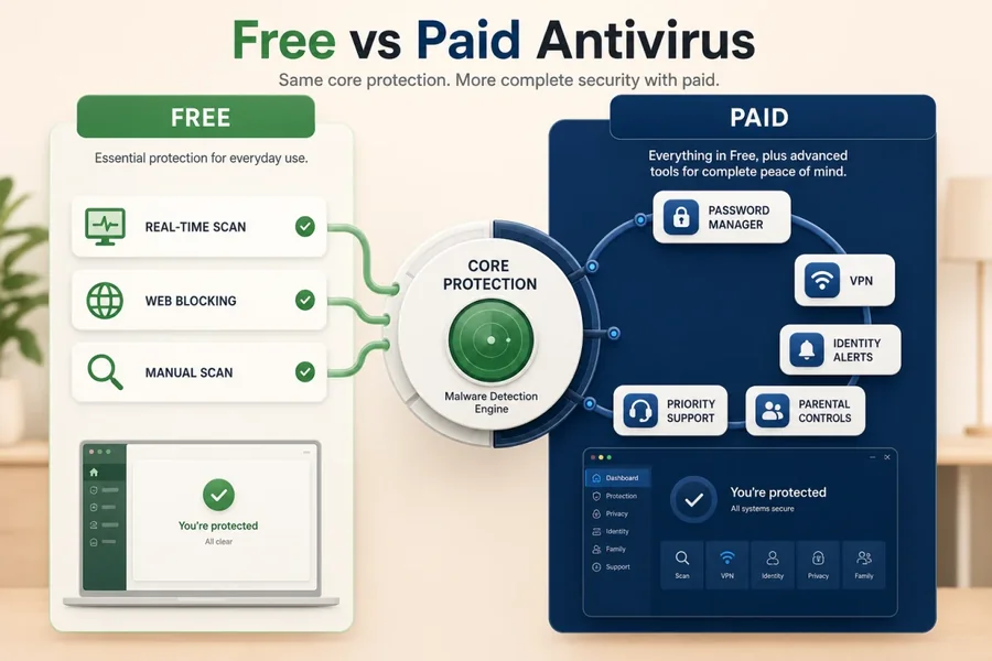 Free antivirus core protection compared with paid services including VPN, password manager and identity alerts
