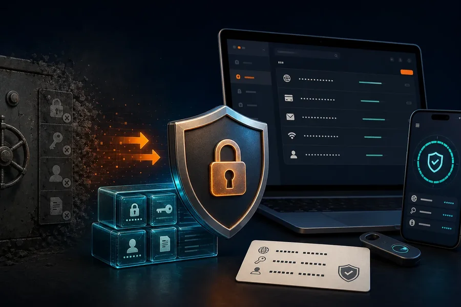 Legacy password vault migrating to a current encrypted vault with recovery key and two-factor protection