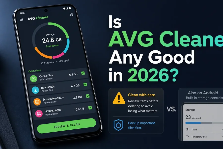 AVG Cleaner Android storage dashboard compared with built-in storage controls and a review-before-delete warning