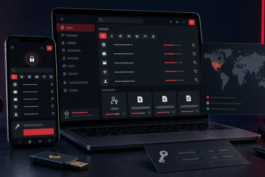 Password vault on a laptop and phone with passkeys, recovery key and United States availability warning