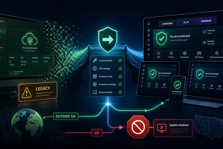 Kaspersky Security Cloud migration flow to Standard, Plus or Premium outside the US and a vendor-switch route for US users