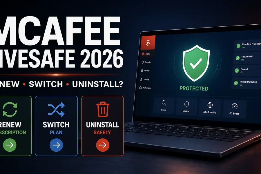 McAfee LiveSafe 2026 decision between renewing, switching plans and uninstalling safely