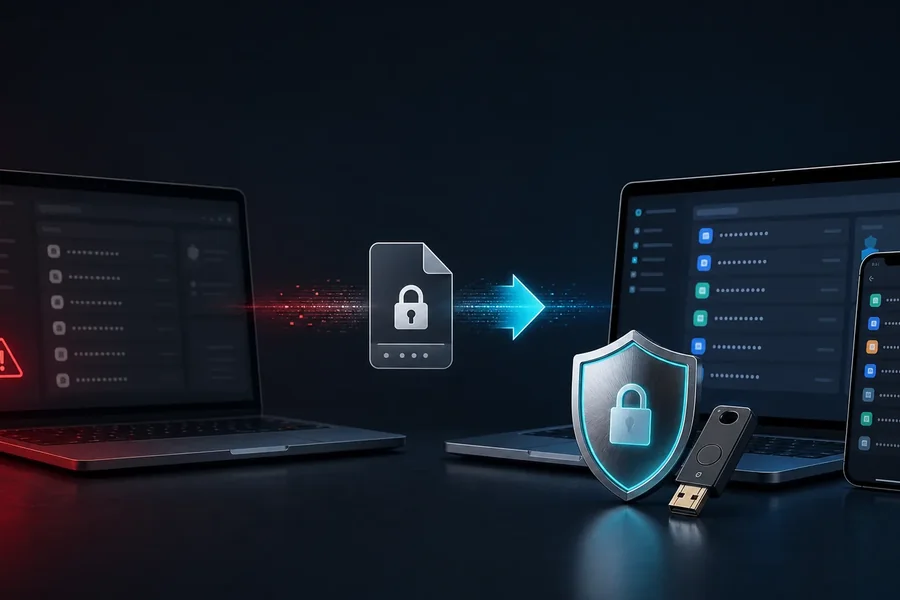 Retired password vault exporting credentials into a supported vault protected by a security key