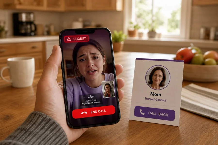 Urgent video call on a phone beside a trusted-contact card offering an independent call-back