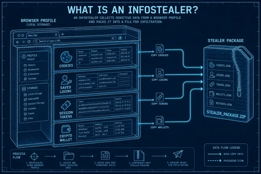 Blueprint diagram tracing browser cookies, saved logins, session tokens and wallet data into an infostealer package