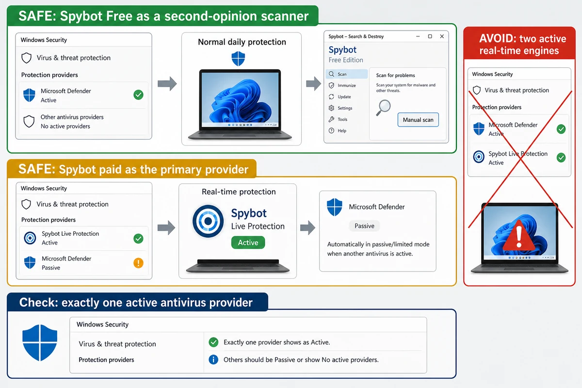 Safe Spybot and Microsoft Defender configurations with exactly one active real-time antivirus provider