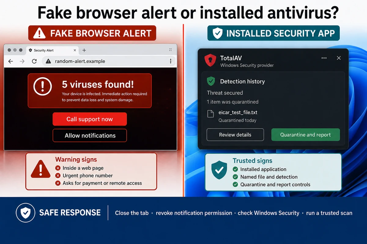Fake TotalAV browser alert compared with a trusted installed antivirus notification
