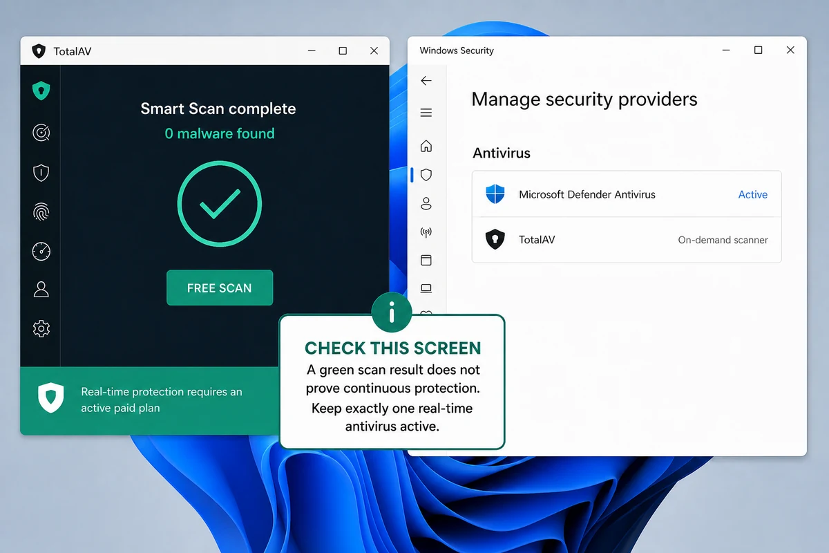 TotalAV free scan beside Windows Security showing Microsoft Defender as the active antivirus provider