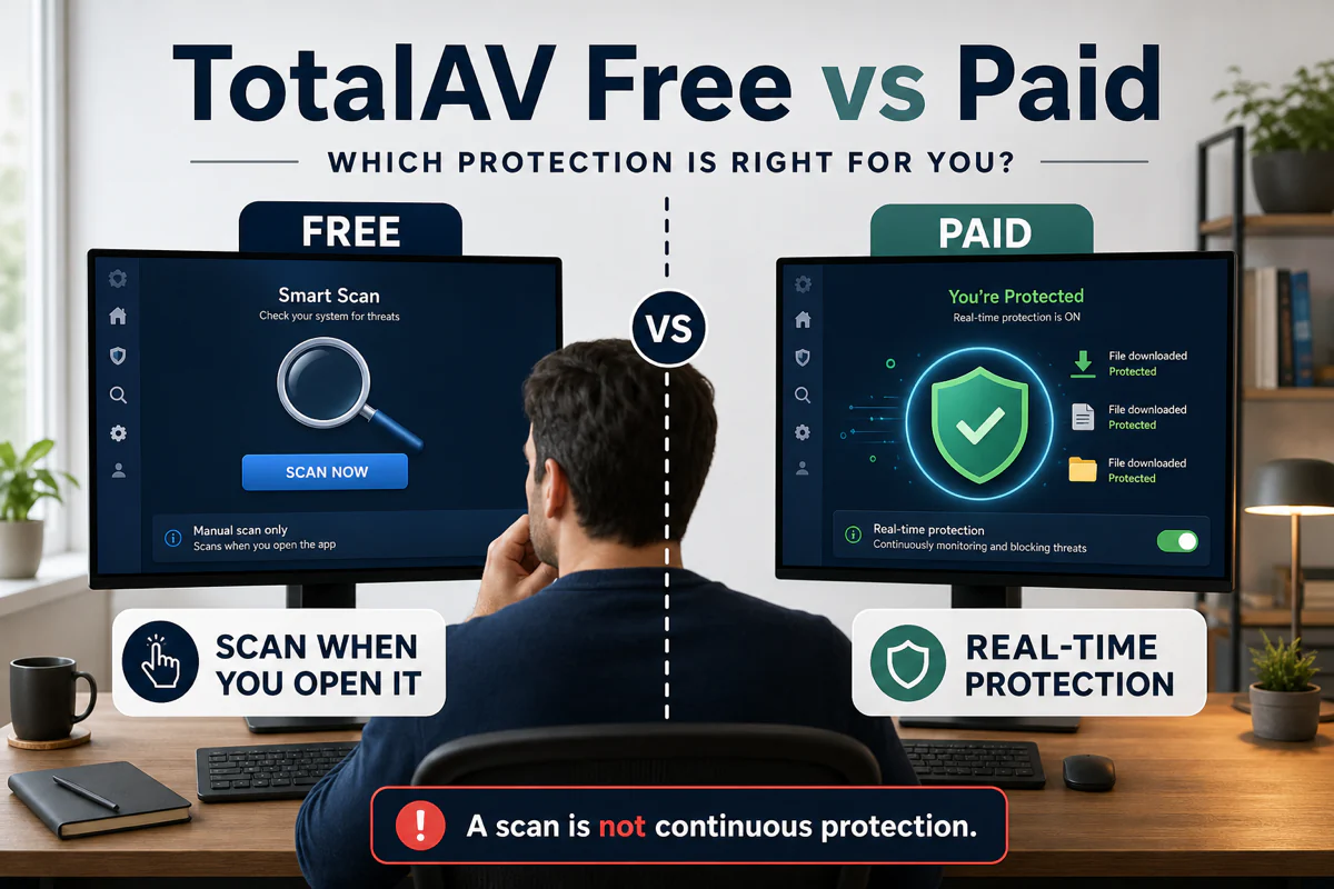 TotalAV Free manual scan compared with paid continuous real-time protection on a Windows computer