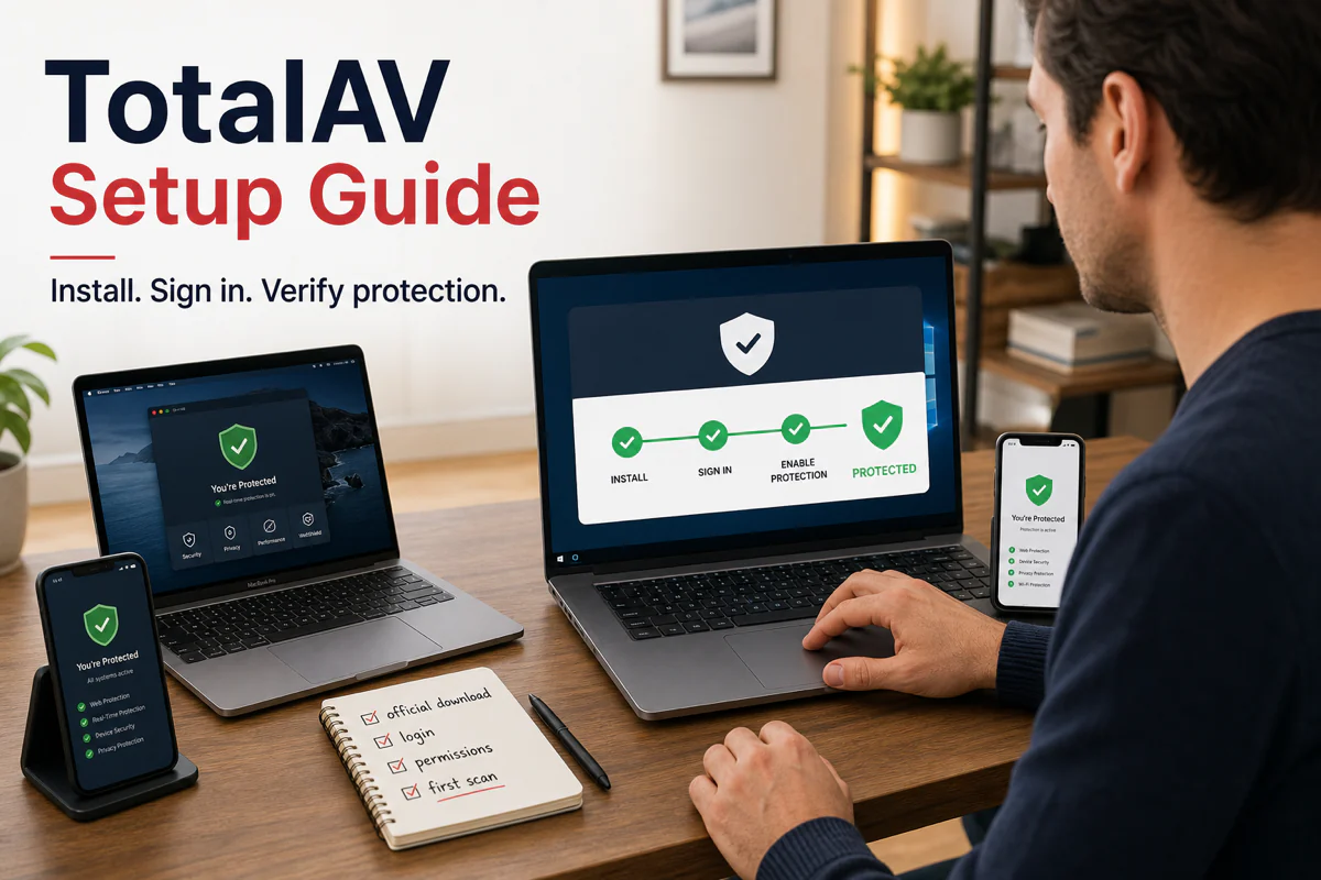 User installing TotalAV and verifying login permissions real-time protection and the first scan across four devices