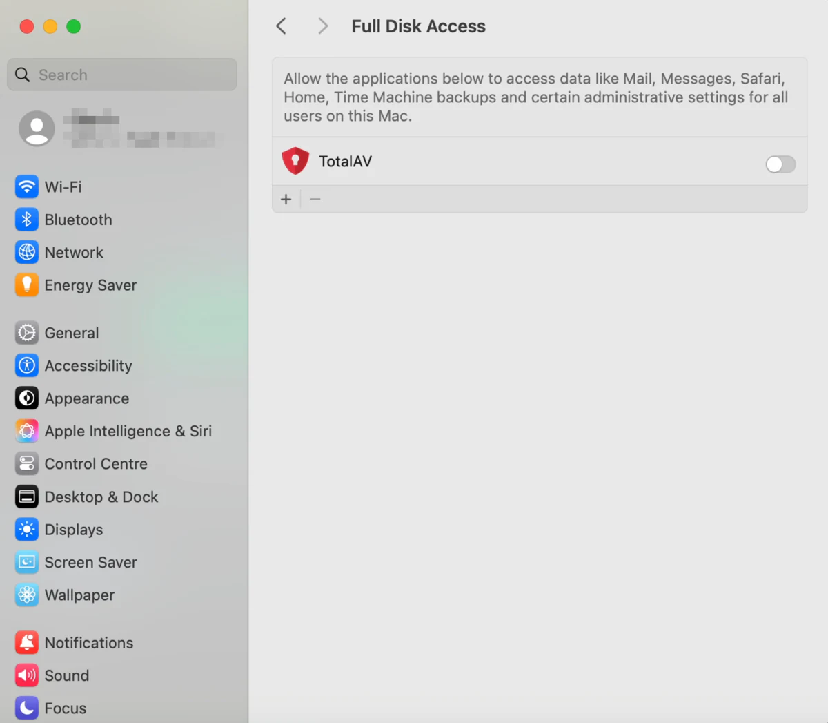 macOS Full Disk Access settings with the TotalAV permission toggle ready to enable