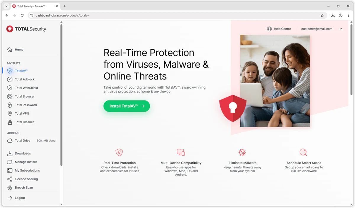 Official TotalAV online portal with the green Install TotalAV button and device management navigation