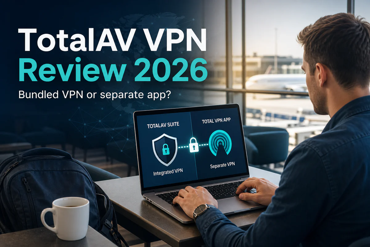 Traveler comparing the VPN inside TotalAV with the separate Total VPN app on a laptop