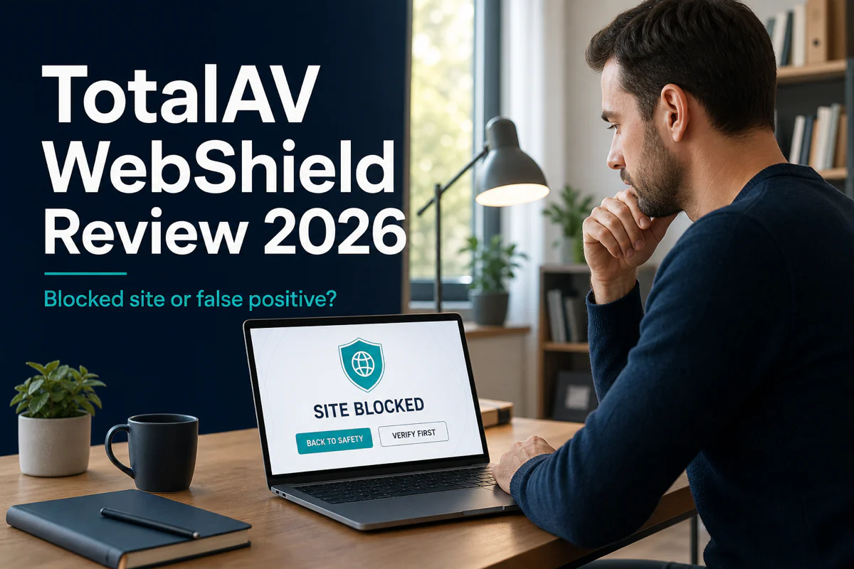 Laptop user reviewing a TotalAV WebShield blocked-site warning before choosing whether to return to safety