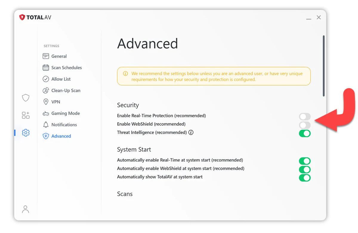 TotalAV Windows Advanced settings with real-time protection and WebShield security toggles