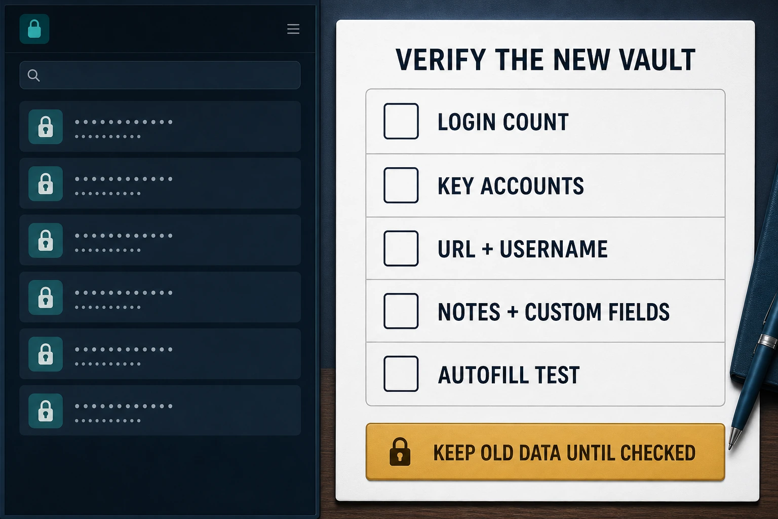New password vault verification checklist for login count, key accounts, URLs, usernames, notes, fields and autofill