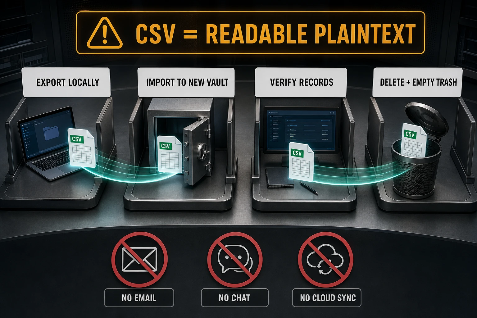 Password CSV safety workflow for local export, new-vault import, record verification and secure cleanup