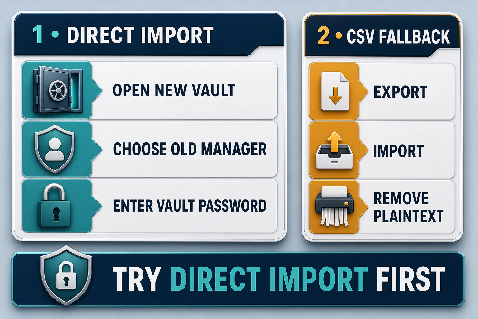 Password vault migration routes comparing direct import with a CSV export, import and plaintext cleanup fallback