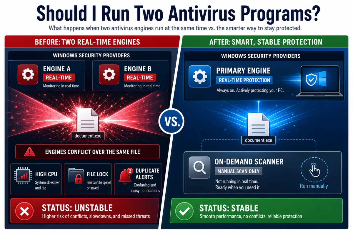 Two real-time antivirus engines conflicting compared with one primary engine and an on-demand scanner