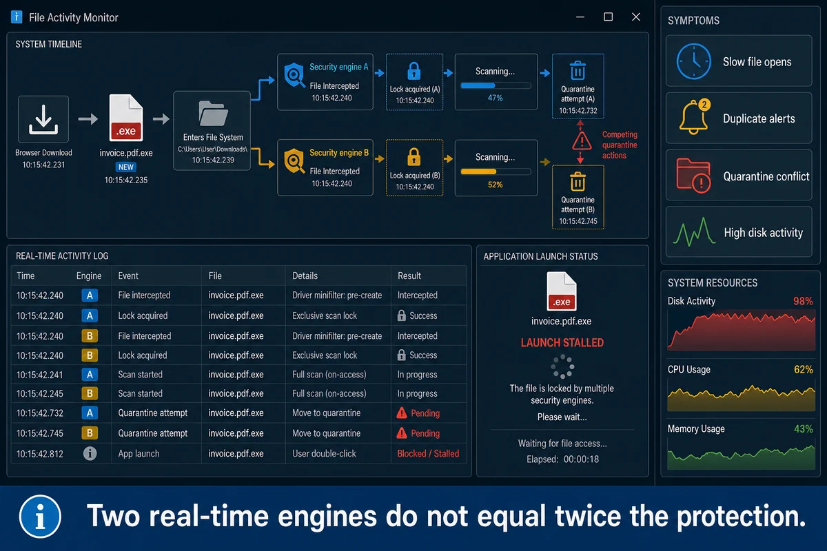 Two real-time antivirus engines scanning and quarantining the same file at once