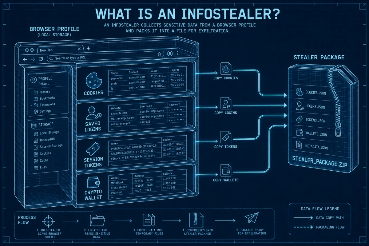 Blueprint diagram tracing browser cookies, saved logins, session tokens and wallet data into an infostealer package