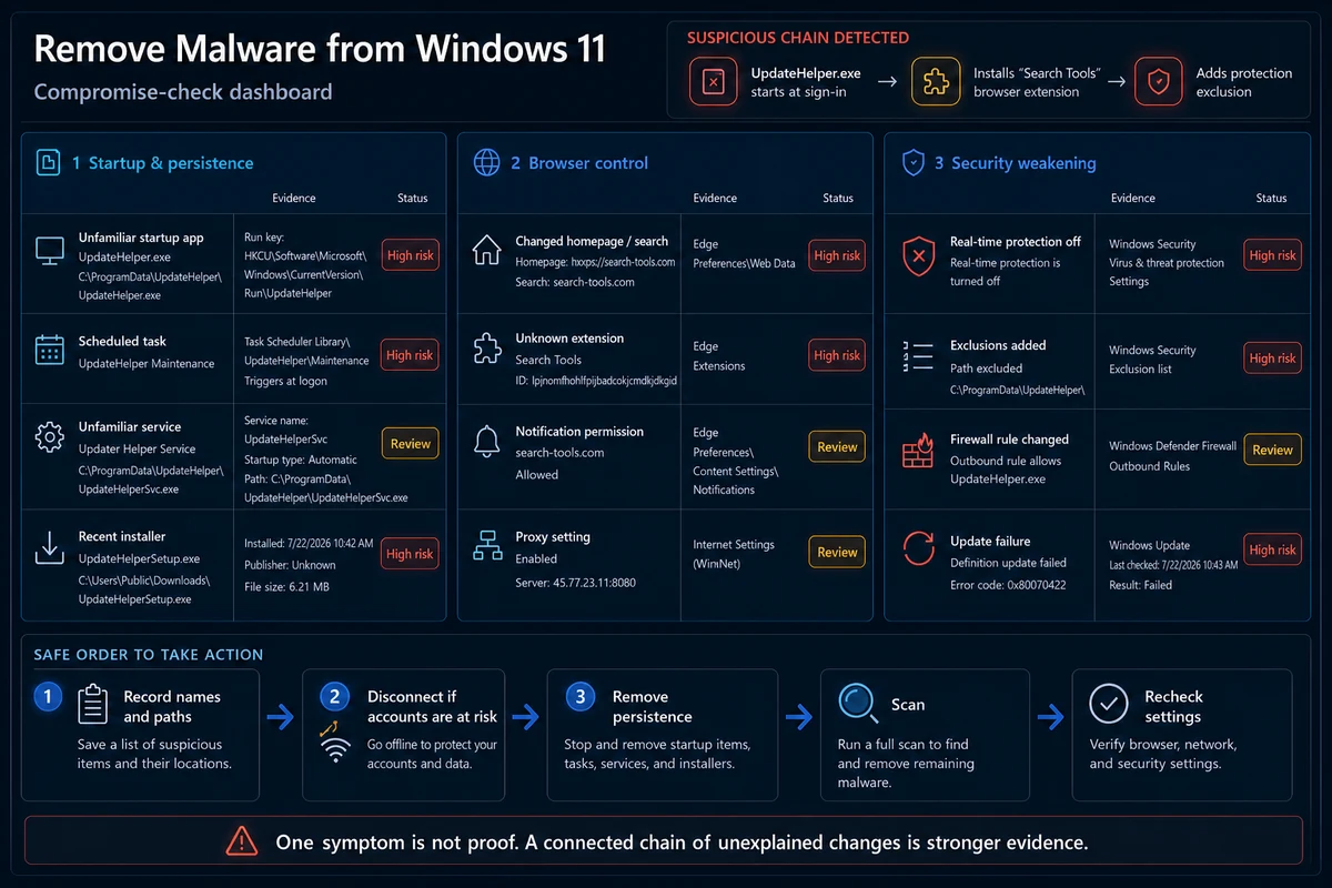 Windows 11 dashboard connecting suspicious startup browser and security-setting changes