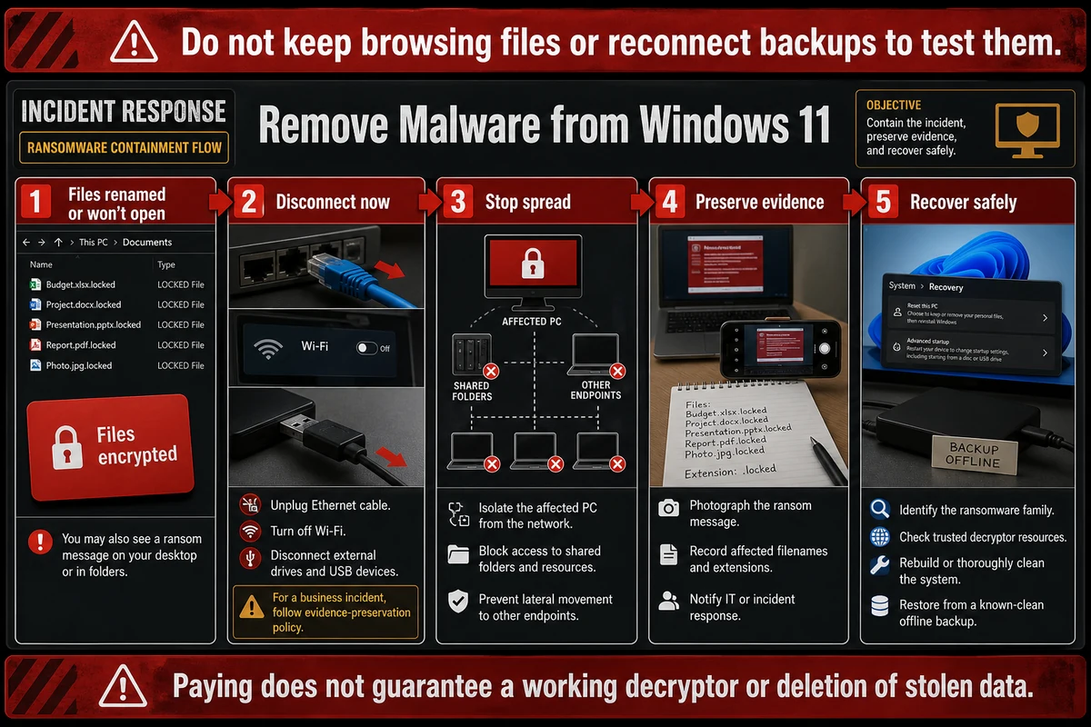 Ransomware containment steps for encrypted Windows 11 files and offline recovery