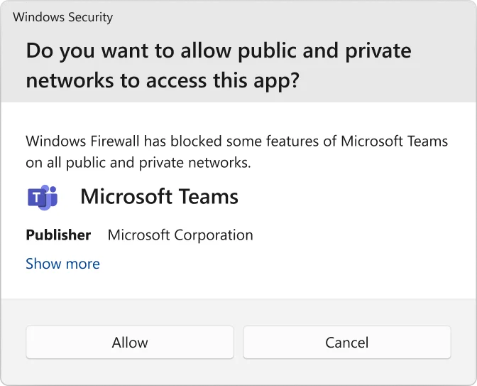 Official Windows Security prompt asking whether to allow Microsoft Teams on public and private networks