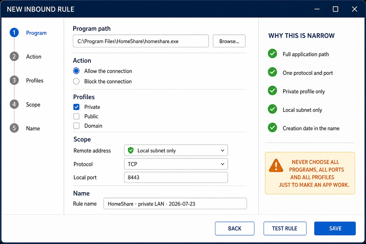 Firewall rule editor limiting a HomeShare application exception to TCP port 8443 on the private local subnet