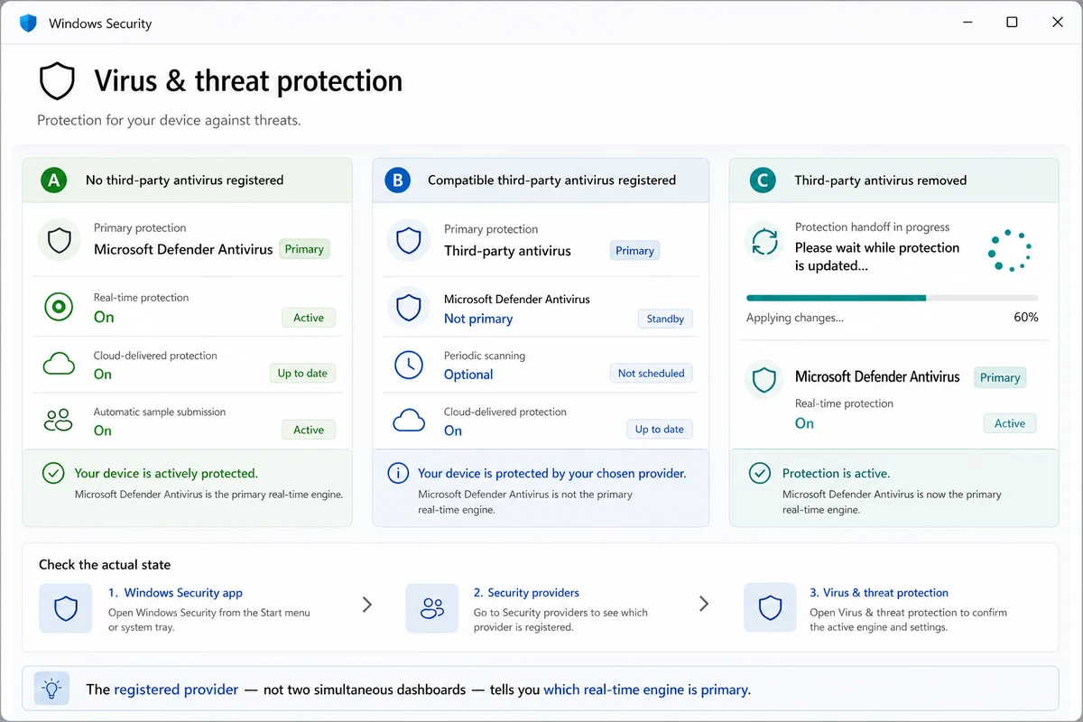 Windows Security states before during and after registering a third-party antivirus provider