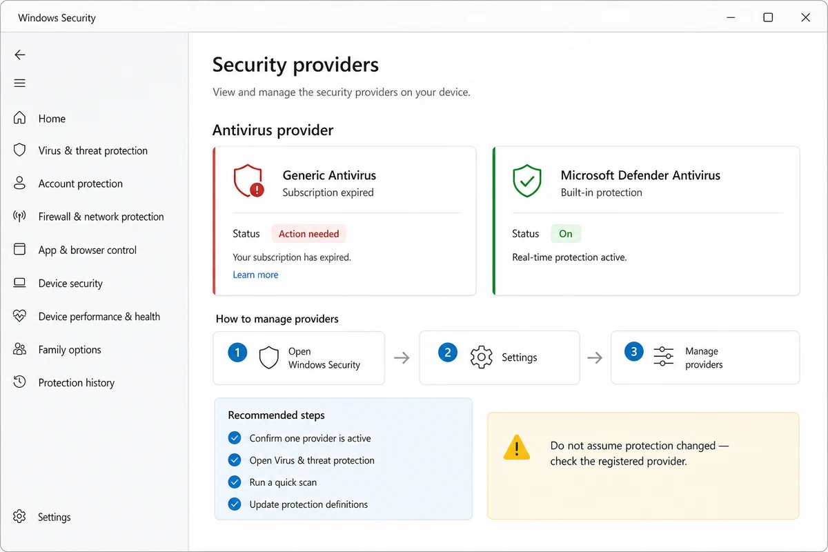 Windows Security provider screen showing an expired subscription and active built-in protection