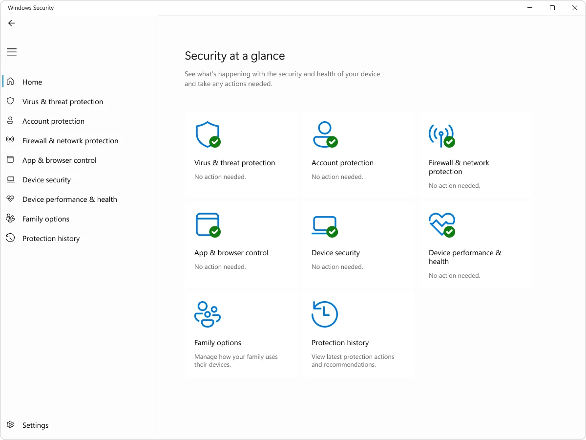 Windows Security home screen with healthy status for virus threat firewall and device protection