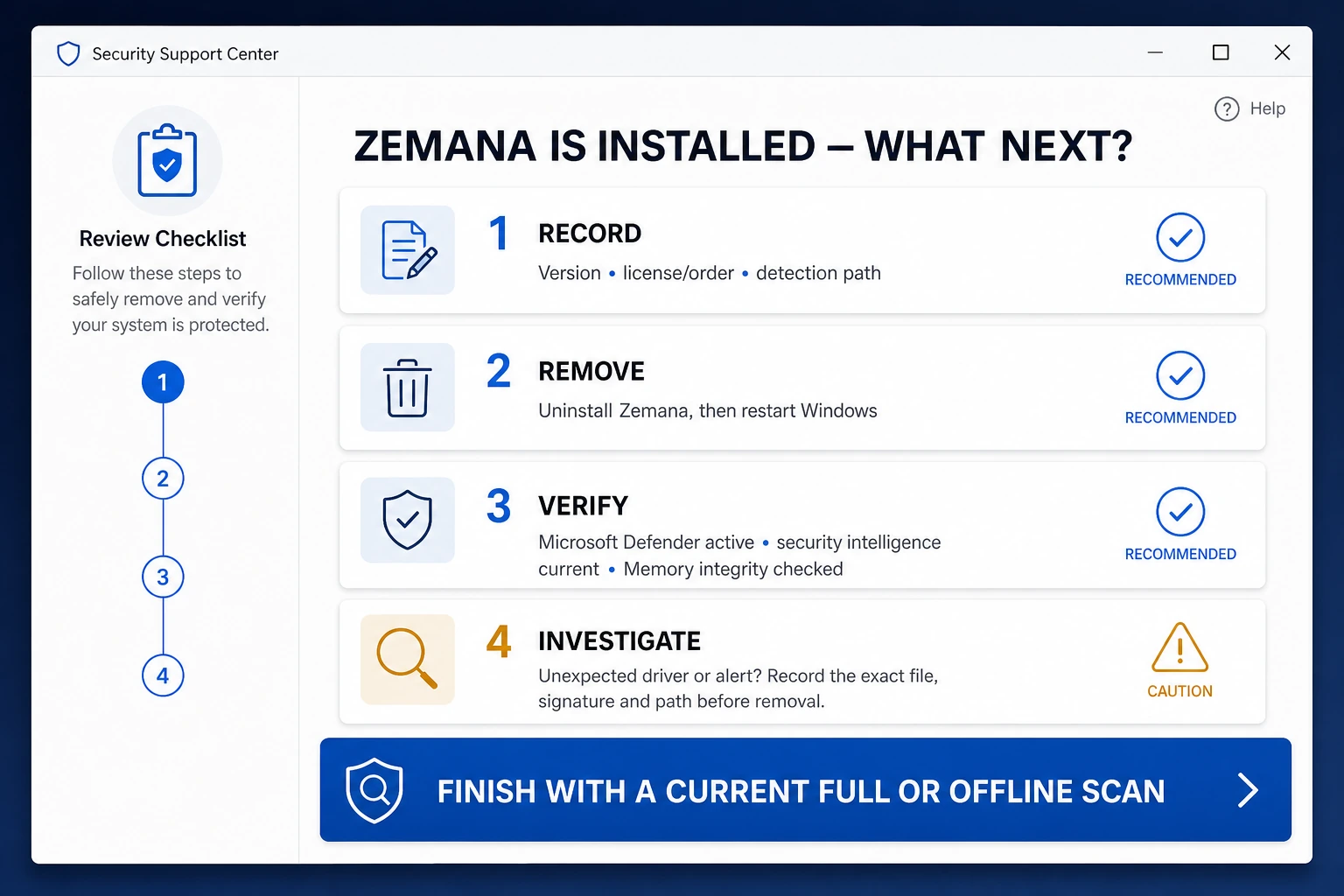 Zemana removal checklist for recording the version, uninstalling, restarting, verifying Microsoft Defender and investigating unexpected drivers