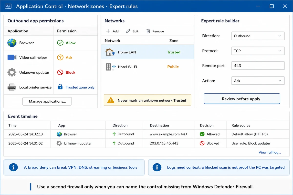 ZoneAlarm application permissions network zones expert rules and firewall event timeline