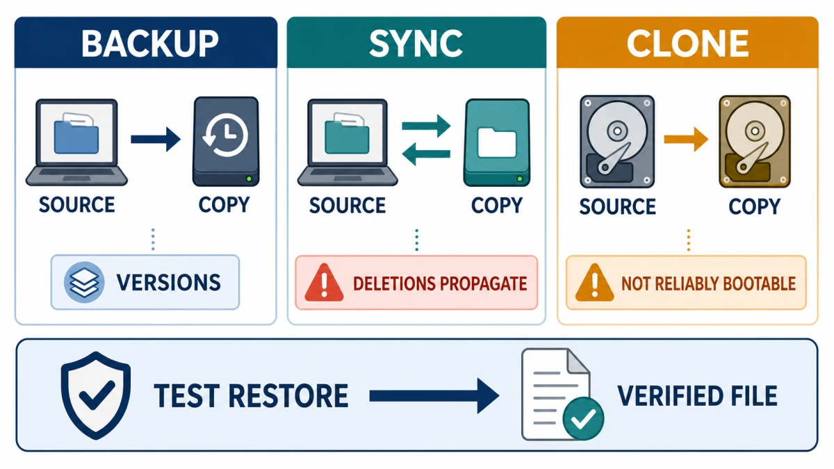 Backup, synchronization and clone tasks compared by versioning, deletion risk, bootability and restore testing