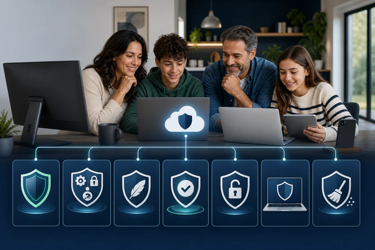 Family comparing seven practical replacements for Sophos Home across computers, tablet and phone
